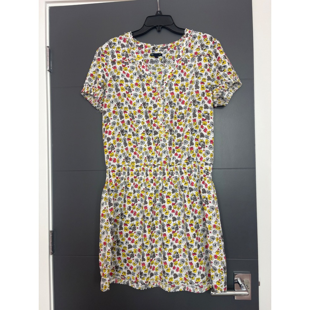 Gap Womens Floral Smocked Waist Mini Dress XL Yellow Red‎ Short Sleeve V-Neck